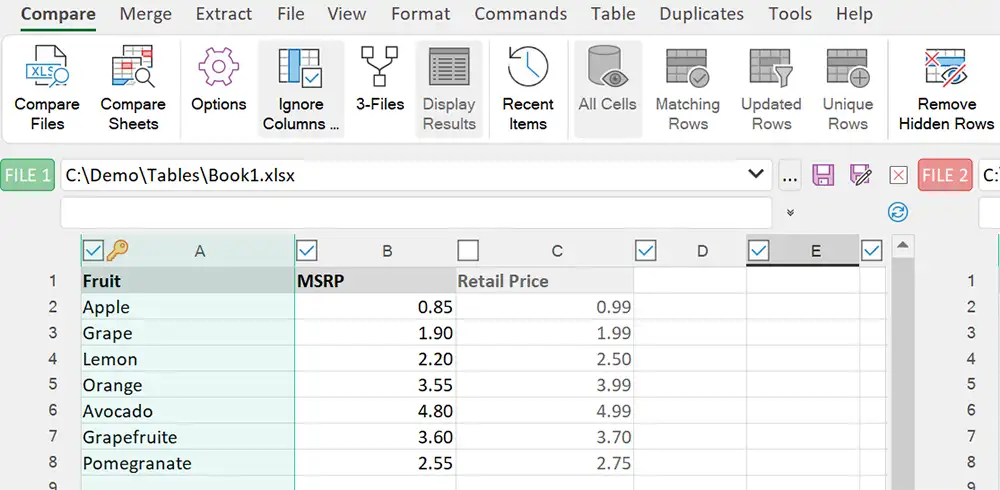 Ignore Columns in the Excel Diff Tool