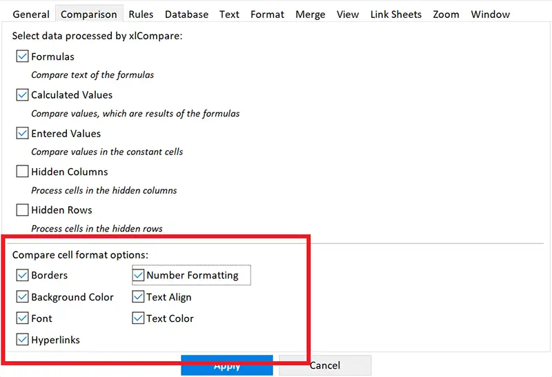 Cell Formatting tab in the Options window