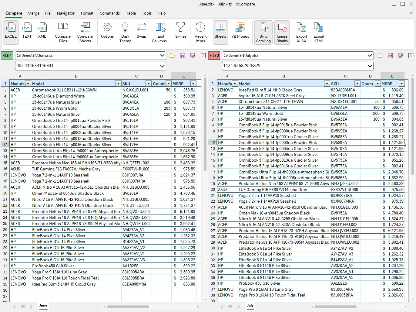 Drop two XLSX files into xlCompare