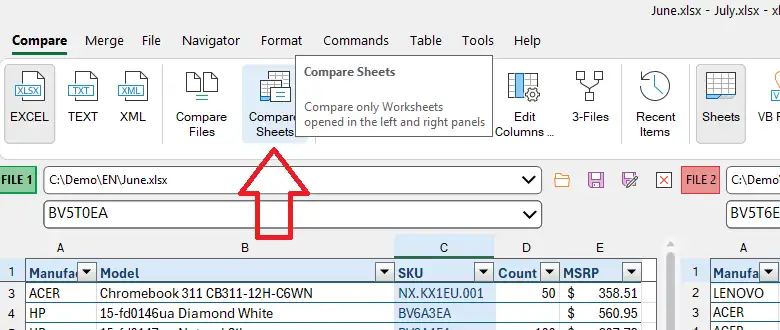 Compare Sheets command on the Ribbon