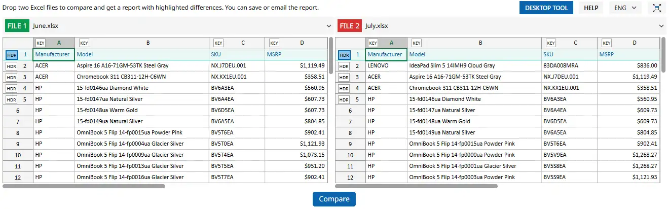 Drop two files to xlCompare