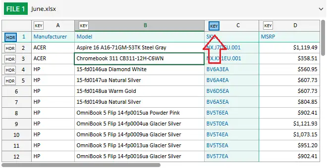 Select key columns in table