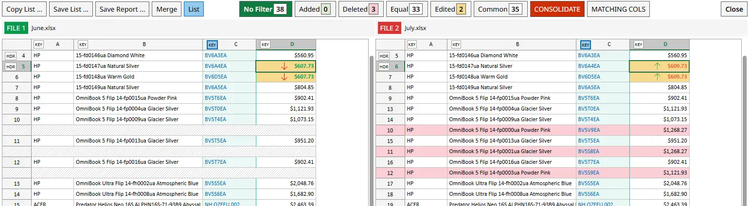 Comparison report on xlCompare website