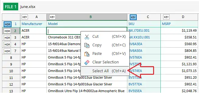 Select All command in the context menu