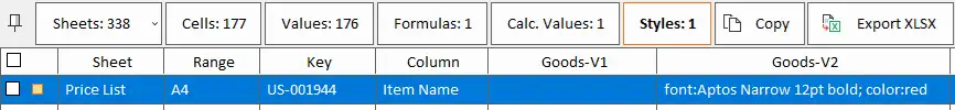 Cells with changed formatting in the list of differences