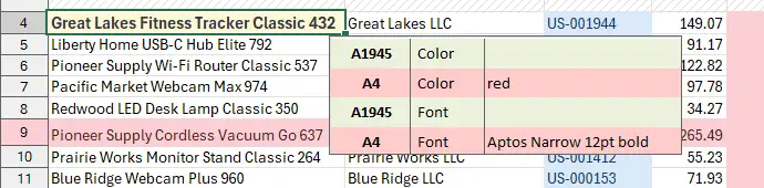 Detailed information about changed formatting in the tooltip window