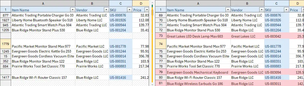 Excel sheets compared by key columns