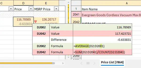 Highlighted changes in the text of formula