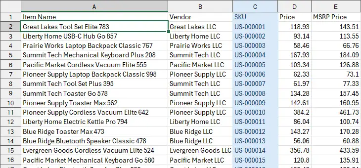 Primary key column highlighted with background color