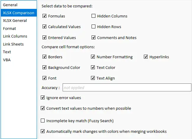 Comparison Options window