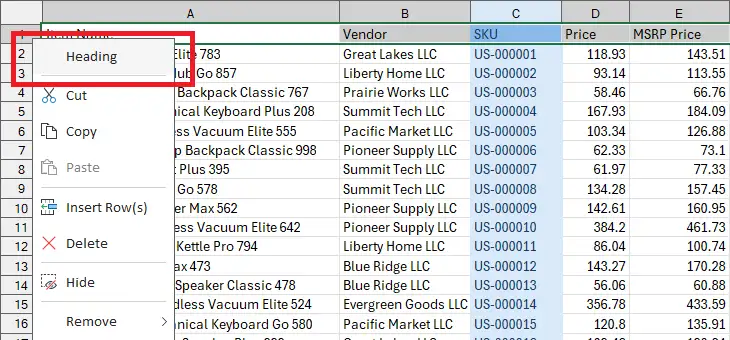 Set heading row in table using shortcut menu