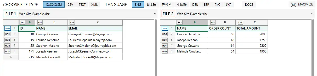 xlCompare.com with opened worksheets