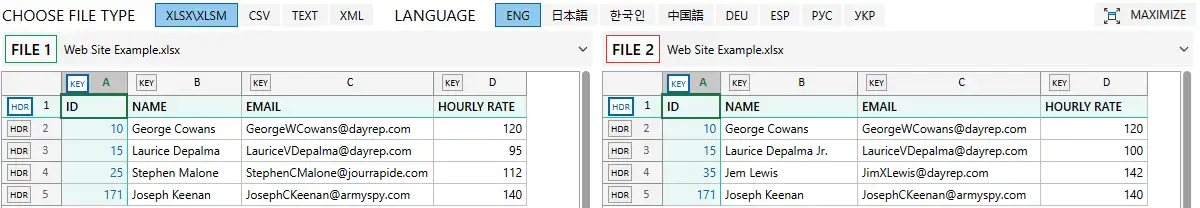 Sample worksheets with heading and key column