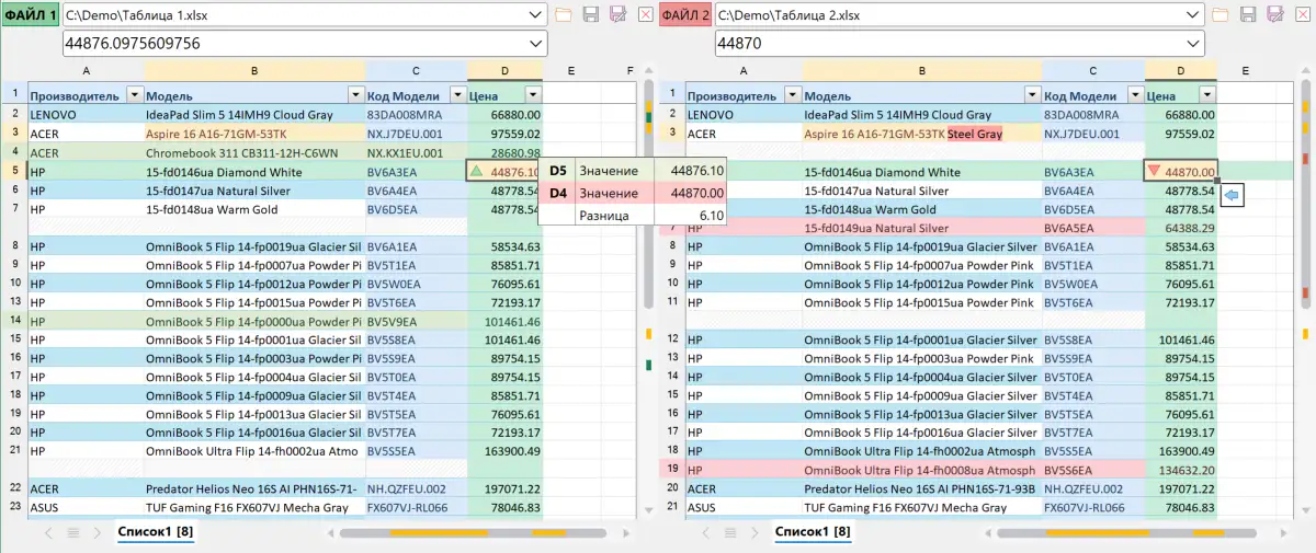 xlCompare показывает разницу между значениями двух ячеек