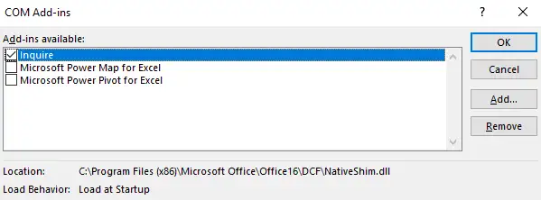 List of the COM Add-ins in the Microsoft Excel Options
