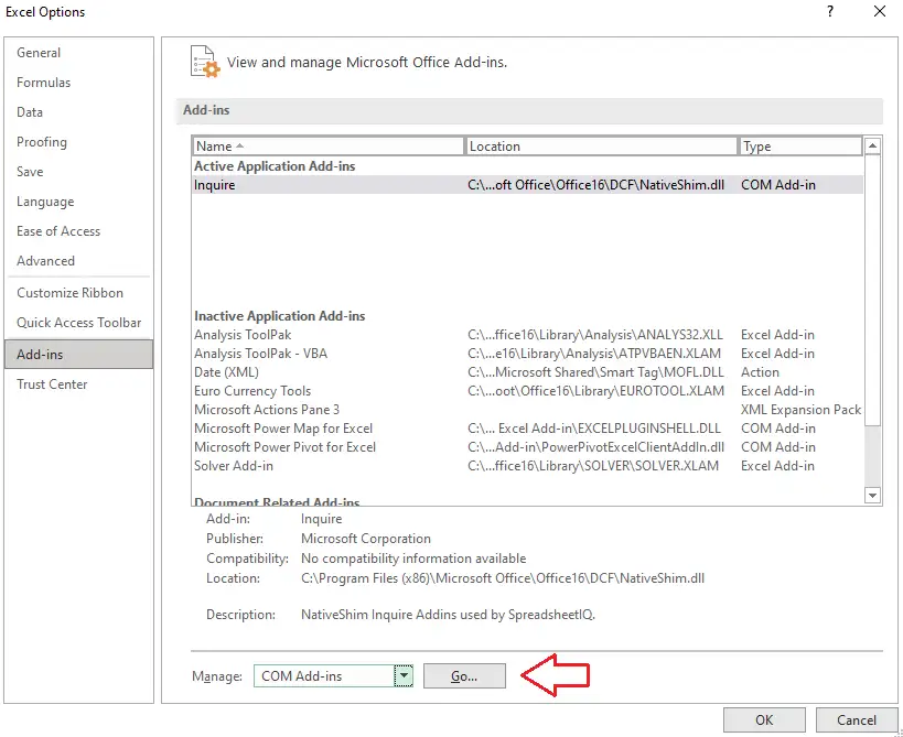 Add-ins tab in the Microsoft Excel Options