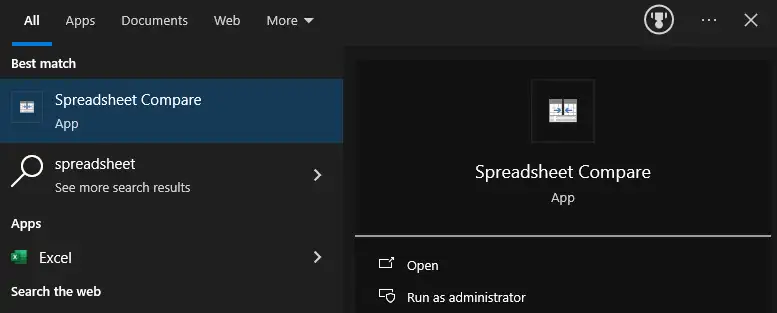 Windows Start menu and Spreadsheet Compare application