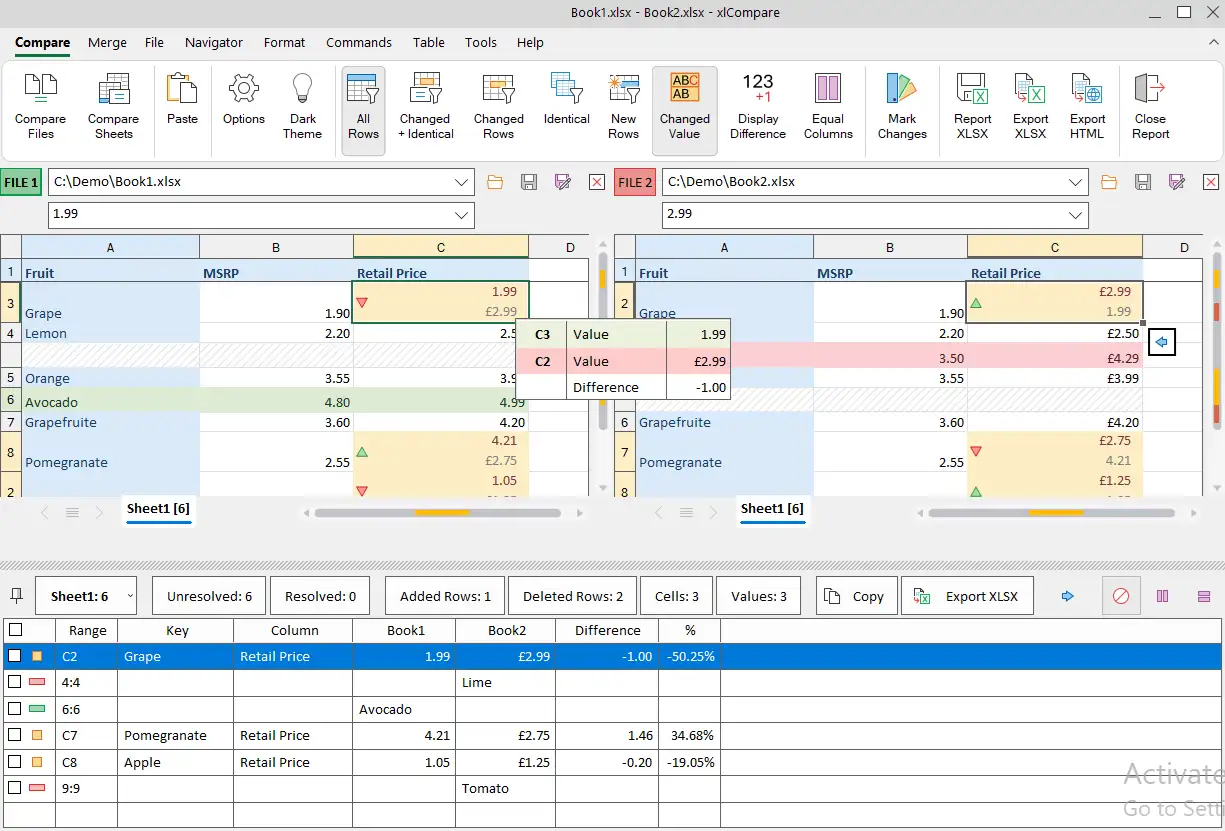 xlCompare window - Comparison Report