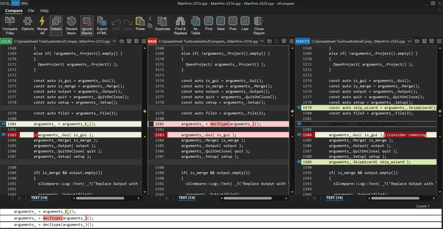 Compare 3 text files with merge conflict