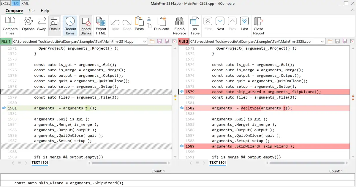 Compare two text files using xlCompare