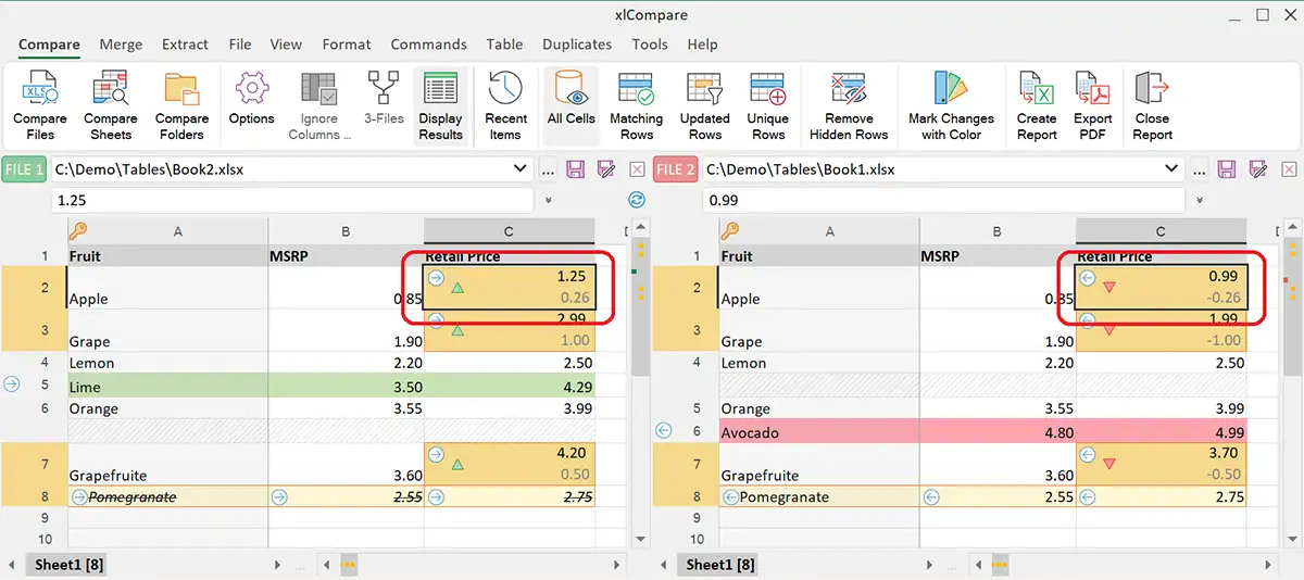 Difference in cell values in Excel