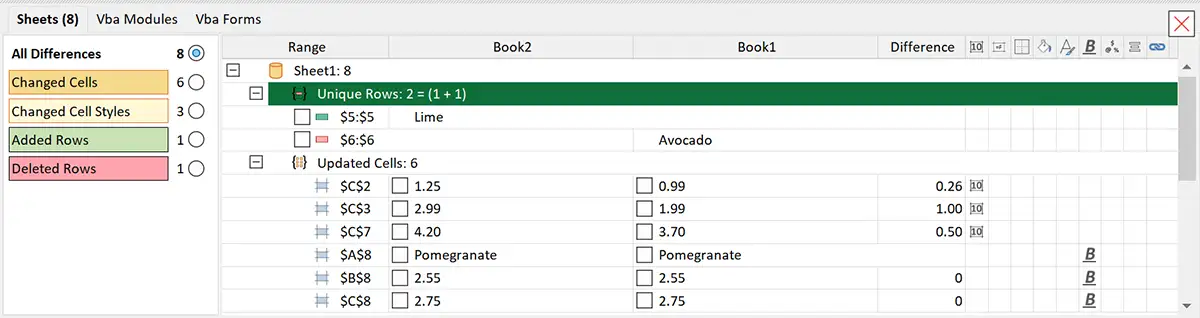 Complete list of changed cells in Excel