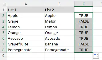 column C with resulting values