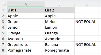 Column C filled with comparison results