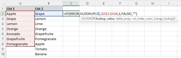 VLOOKUP function entered into C2