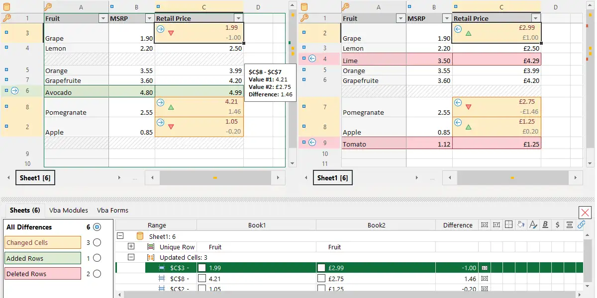 Compare Excel files and highlight differences with color