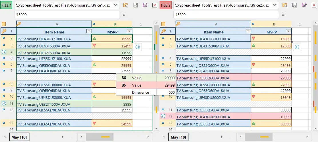 Compare price lists stored in Excel files
