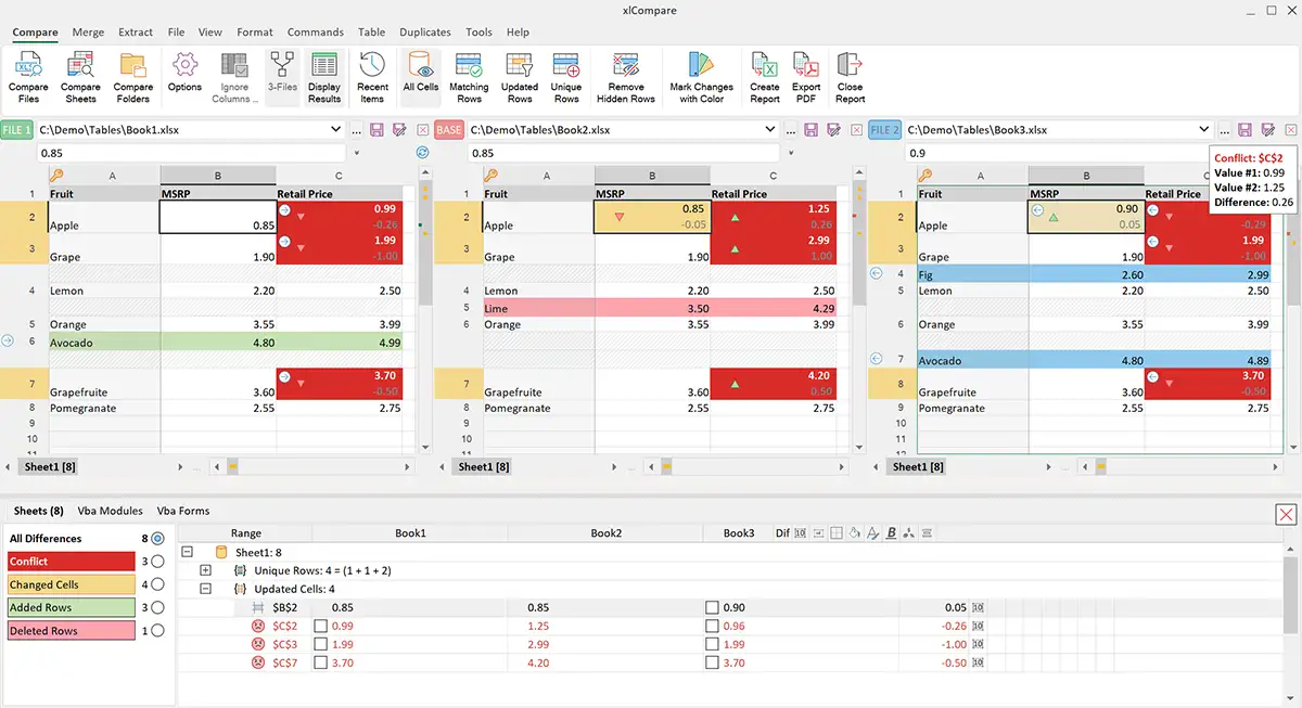 Compare three Excel files using xlCompare