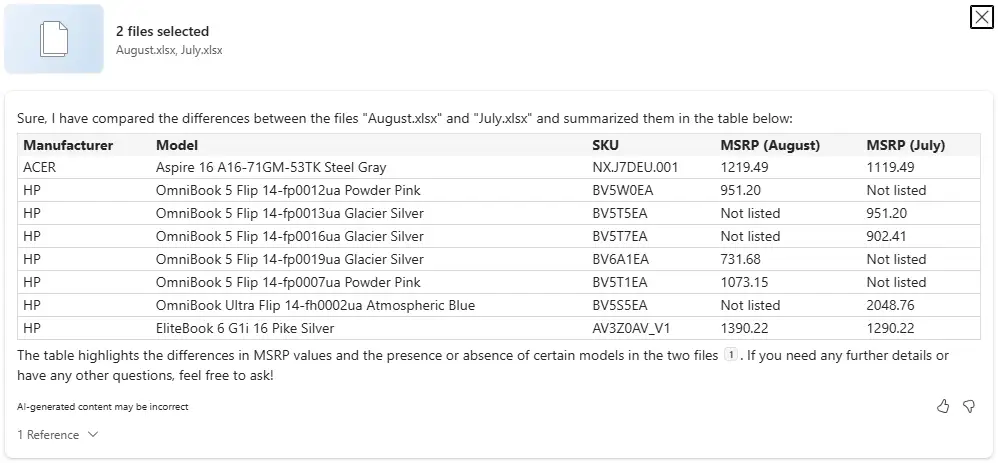 Compare Excel files using Microsoft Copilot