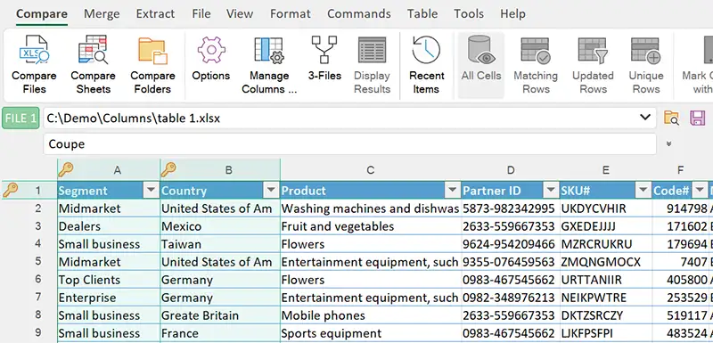 CSV file opened in xlCompare