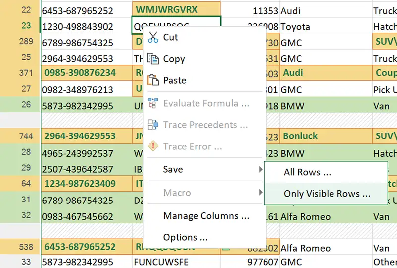 Save visible rows in CSV file