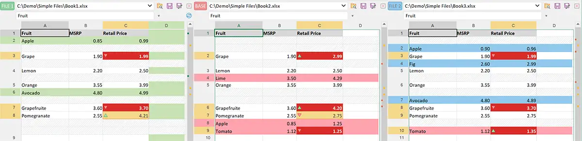 Compare three CSV files for differences