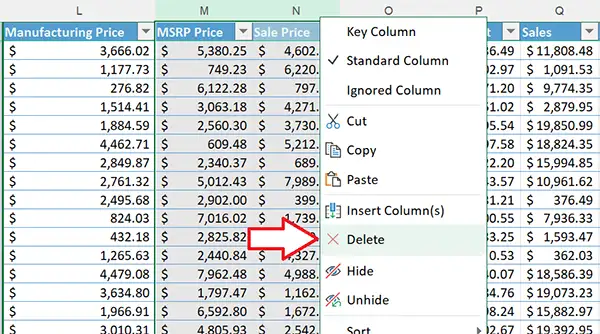 delete columns on the worksheet