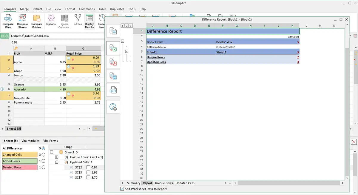 Difference report for Excel files