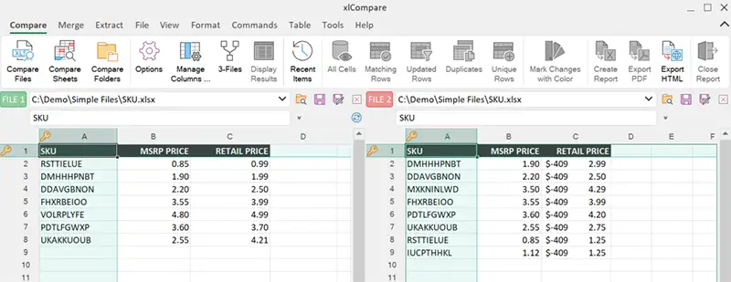 Excel sheets opened in the xlCompare window