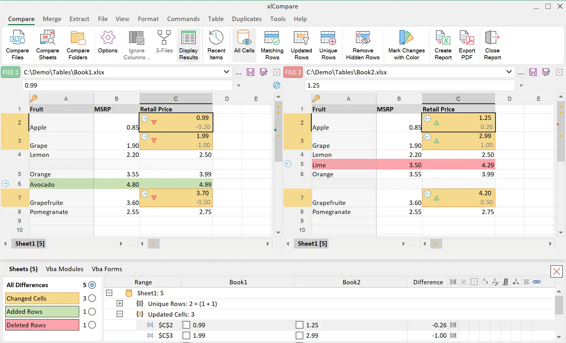 Так выглядає звіт про порівняння таблиць Excel в xlCompare