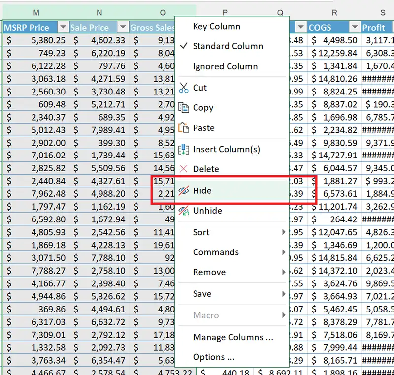 hide column on the worksheet