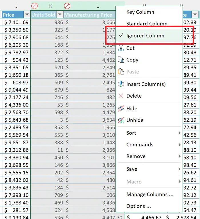 ignore column on the worksheet