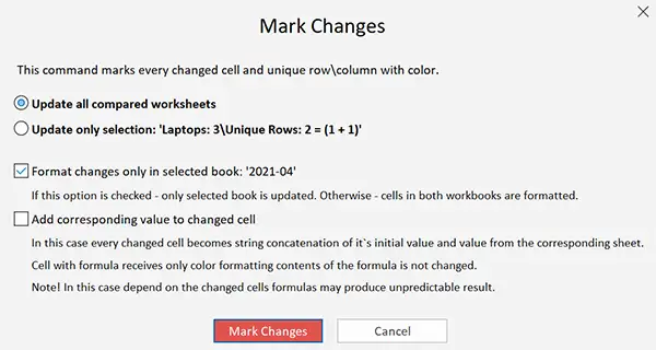 Highlight differences in the compared worksheets