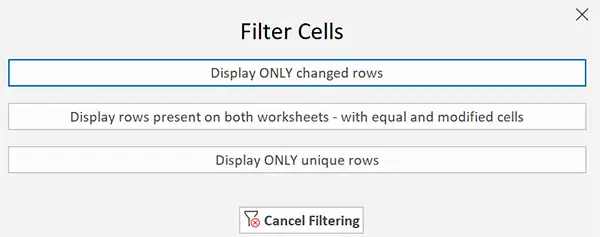 Filter unique rows in the compared Excel worksheets