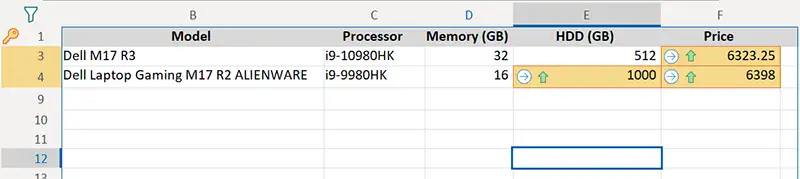 Filter changed cells on the compared Excel sheets