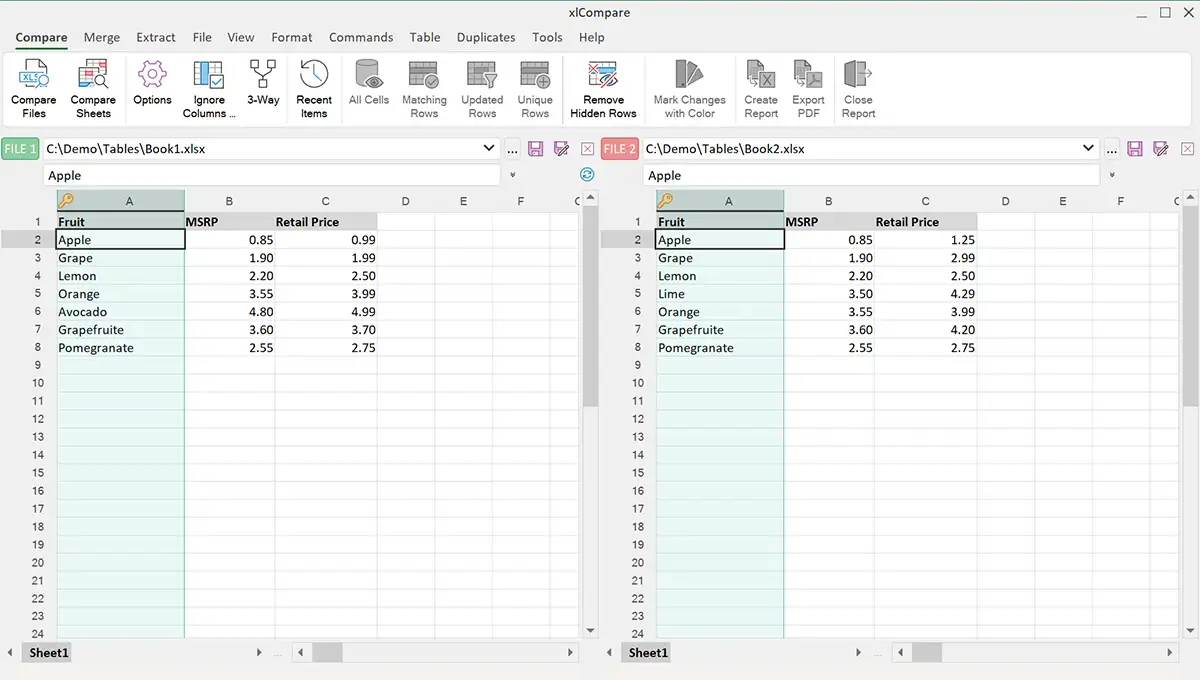 Side-by-side view in the xlCompare window