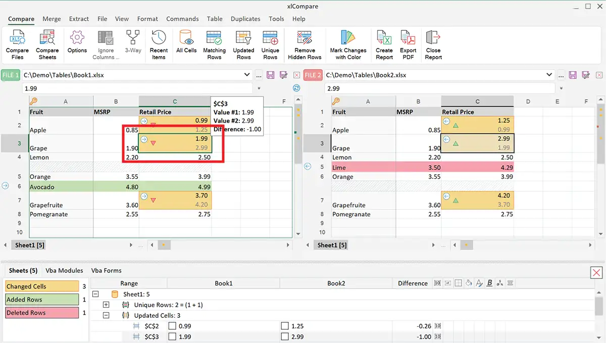 Excel 差分ツールは、変更されたセルを Excel ワークシートに表示します