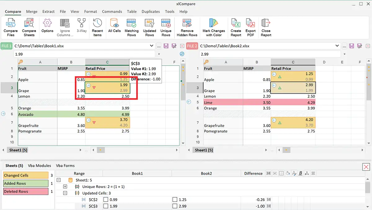 Excel diff tool displays changed cells on the Excel worksheet