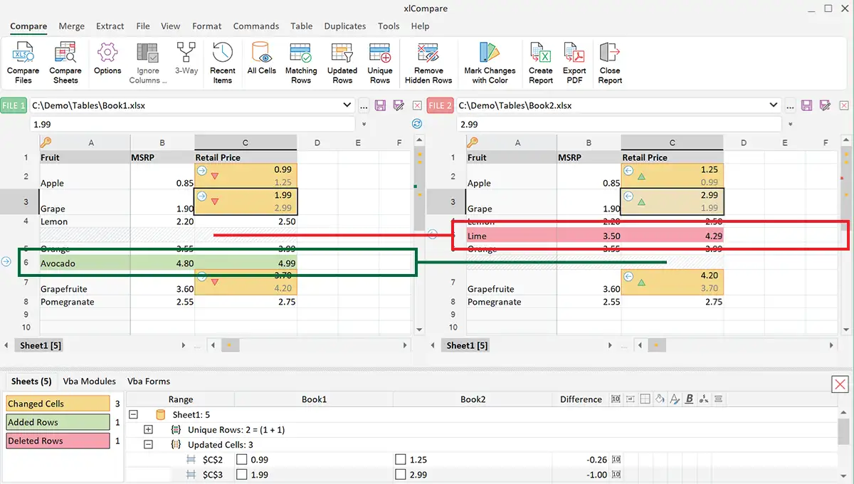 Excel diff tool aligns matching rows on the worksheet