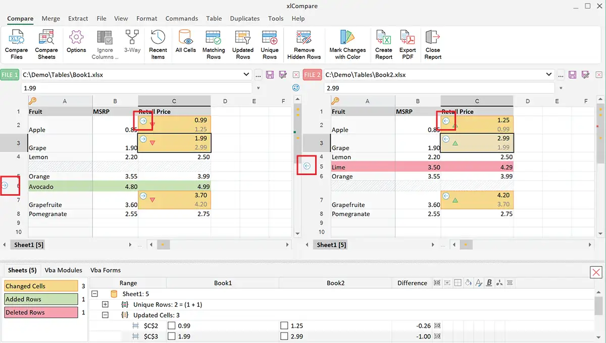 Merge changes between two Excel files